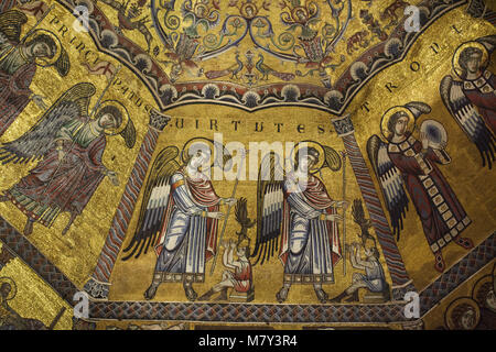 Choirs of Angels depicted in the medieval mosaics from the 13th century inside the octagonal dome in the Battistero di San Giovanni (Florence Baptistery) in Florence, Tuscany, Italy.