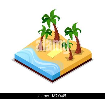 Sandy beach with palm trees isometric 3D icon Stock Vector