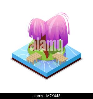 Green island in lake isometric 3D icon Stock Vector