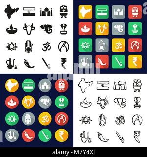India All in One Icons Black & White Color Flat Design Freehand Set Stock Vector