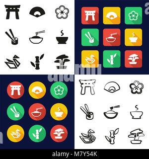 Japanese Culture All in One Icons Black & White Color Flat Design Freehand Set Stock Vector
