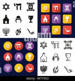 Judaism All in One Icons Black & White Color Flat Design Freehand Set Stock Vector