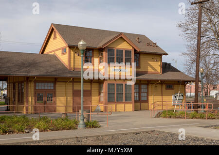 Historical railroad station in Roseville California. Neat and clean wooden heritage building in the downtown area. Stock Photo