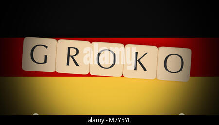 Germany Politics Concept: Letter Tiles Groko, German Word For Grand Coalition, On German Flag, 3d illustration Stock Photo