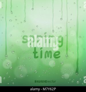 Spring time text on green blurry rain bokeh wet background. Nature blurred spring or summer abstract water bubbles design backdrop. Agriculture rainy  Stock Vector