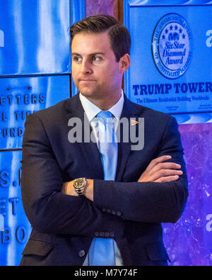 New York, USA, 13 Mar 2018. US president Donald Trump's personal assistant John McEntee is seen in this file photo taken at New York's Trump tower on January 11, 2017.  McEntee was forced out of his position and escorted from the White House on Monday after his security clearance was revoked.  Photo by Enrique Shore Stock Photo