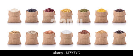 Collection of several beans, rice, coffee in small sack. Studio shot isolated on white background Stock Photo