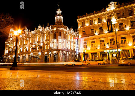 Havana, Cuba - December 13, 2016:  Night view of the Gran Teatro de La Habana (Great Theatre of Havana) and the famous hotel Inglaterra near the Centr Stock Photo