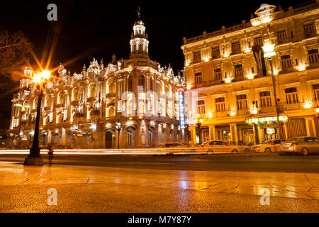 Havana, Cuba - December 13, 2016:  Night view of the Gran Teatro de La Habana (Great Theatre of Havana) and the famous hotel Inglaterra near the Centr Stock Photo