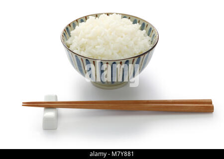 gohan, cooked white rice, japanese staple food isolated on white background Stock Photo