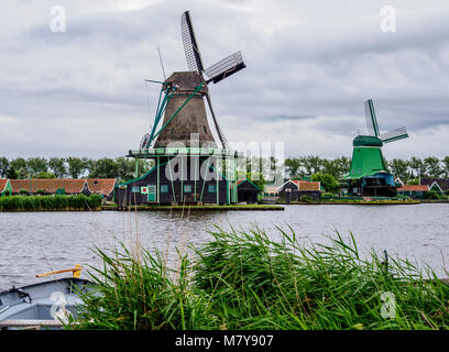 Windmills in Zaanse Schans, Zaandam, North Holland, The Netherlands Stock Photo