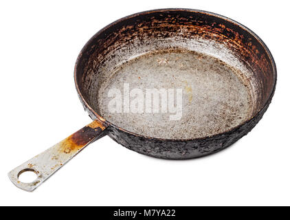 Empty old cast iron frying pan isolated on white background Stock Photo