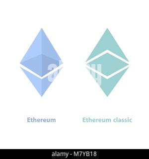 Ethereum and ethereum classic crypto currency chrystal color icon.Blockchain platform logo. Virtual money icon collection.In flat style.Symbol of smar Stock Vector