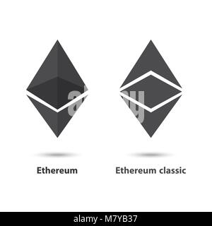 Ethereum and ethereum classic crypto currency chrystal coin icon.Blockchain platform logo. Virtual money icon collection.In flat style.Symbol of smart Stock Vector