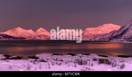The mountains on Kvaløya, near Tromsø in Northern Norway glowing red in the evening light of winter. Stock Photo