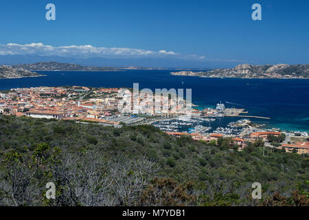Palau in the Province of Sassari on the northeast coast of Sardinia, Italy. The mountain in the far distance are on the French island of Corsica. Stock Photo