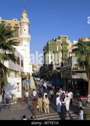 street life, architecture and impressing old houses with wooden bay windows and mashrabya in Al Balad, Jeddah, Saudi Arabia Stock Photo