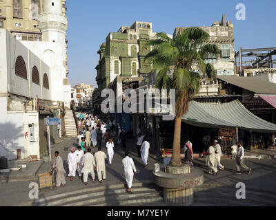 street life, architecture and impressing old houses with wooden bay windows and mashrabya in Al Balad, Jeddah, Saudi Arabia Stock Photo