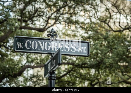 SAVANNAH, GEORGIA - MARCH 1, 2018: Street sign at corner of Congress and Bull Streets in Savannah. Stock Photo