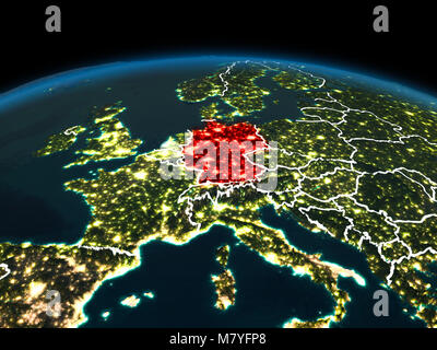 Space orbit view of Germany highlighted in red on planet Earth at night with visible country borders and city lights. 3D illustration. Elements of thi Stock Photo