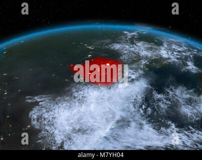 Satellite night view of Zimbabwe highlighted in red on planet Earth with clouds. 3D illustration. Elements of this image furnished by NASA. Stock Photo