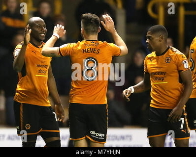 Wolverhampton Wanderers' Benik Afobe (left) celebrates scoring his side's second goal of the game during the Sky Bet Championship match at Molineux, Wolverhampton. Stock Photo