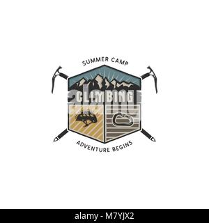 Mountain Adventure, Climbing Vintage Hand Drawn Emblem Template. Outdoor activity sport symbol. Carabiner and helmet elements. Retro colors design. Stock Vector illustration isolated Stock Vector