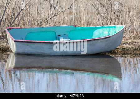 a small colorful row boat sitting in shallow water, having been washed ashore during a storm. Stock Photo