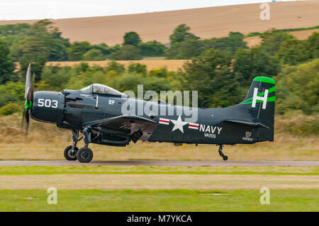 Vintage Douglas Skyraider AD-4NA from Kennet Aviation in United States Navy livery at the Shoreham Airshow, UK on the 1st September 2013. Stock Photo