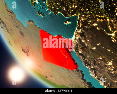 Satellite view of Egypt highlighted in red on planet Earth with visible country borders during sunset. 3D illustration. Elements of this image furnish Stock Photo