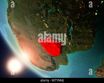 Satellite view of Zimbabwe highlighted in red on planet Earth with visible country borders during sunset. 3D illustration. Elements of this image furn Stock Photo