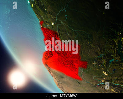 Satellite view of Angola highlighted in red on planet Earth with visible country borders during sunset. 3D illustration. Elements of this image furnis Stock Photo