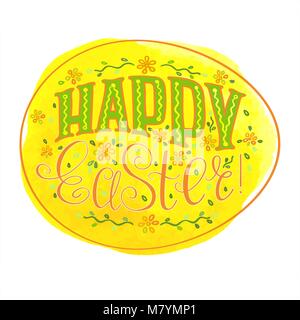 Happy Easter greeting with watercolor yellow painted egg and hand lettering Stock Vector