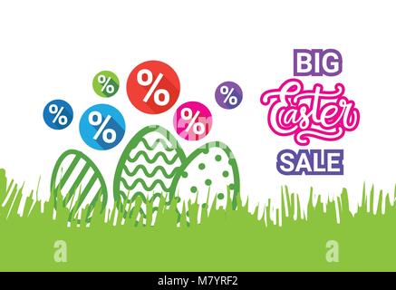 Big Easter Sale Poster Holiday Discounts Banner With Decorative Eggs In Green Grass Stock Vector