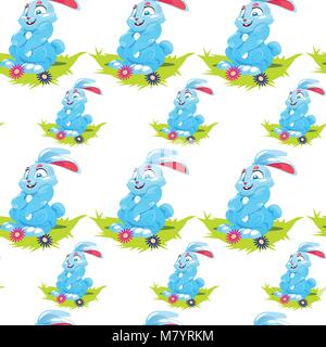 Easter Seamless Pattern With Cute Rabbits In Grass Witn Eggs On White Background Stock Vector