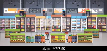 Supermarket Aisle With Shelves, Grocery Items, Shopping, Retail And Consumerism Concept Stock Vector