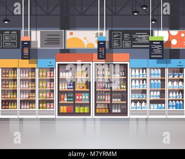 Supermarket Interior Retail Store With Assortment Of Grocery Food On Shelves Stock Vector