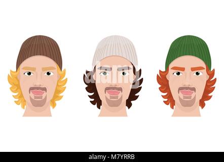 Set Of Bearded Men Faces Wearing Hat Guy Hipster Isolated Icon Stock Vector