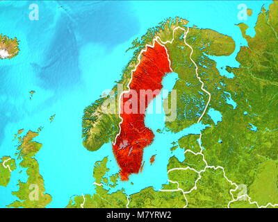 Sweden highlighted in red from Earth’s orbit. 3D illustration. Elements of this image furnished by NASA. Stock Photo