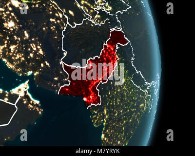 Map of Pakistan in red as seen from space on planet Earth at night with white borderlines and city lights. 3D illustration. Elements of this image fur Stock Photo