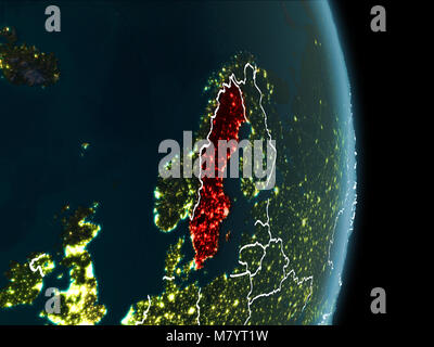 Map of Sweden in red as seen from space on planet Earth at night with white borderlines and city lights. 3D illustration. Elements of this image furni Stock Photo