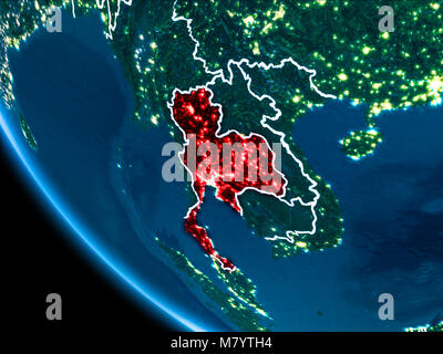 Map of Thailand in red as seen from space on planet Earth at night with white borderlines and city lights. 3D illustration. Elements of this image fur Stock Photo