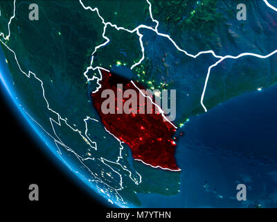 Map of Tanzania in red as seen from space on planet Earth at night with white borderlines and city lights. 3D illustration. Elements of this image fur Stock Photo