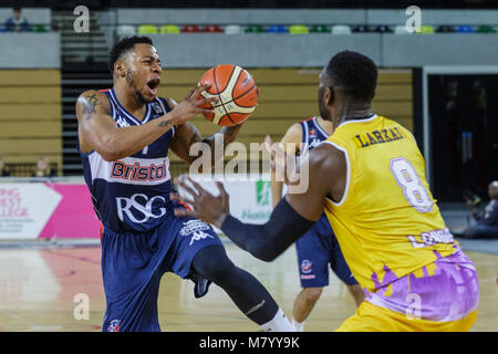 Copper Box Arena, Olympic Park, London, 13th March 2018. Tensions run high in the BBL Championship basketball game between home team London Lions and the guests Bristol Flyers. Lions win 84-55. Credit: Imageplotter News and Sports/Alamy Live News Stock Photo