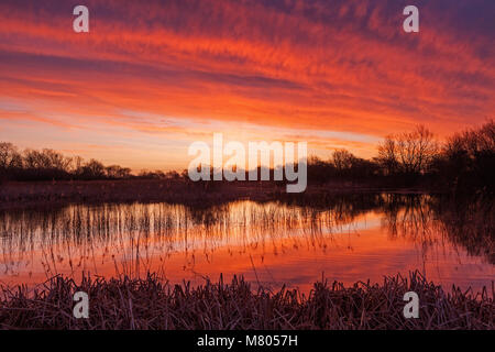 Barton-upon-Humber, North Lincolnshire. 14th Mar, 2018. UK Weather: A beautiful sunrise over a Lincolnshire Wildlife Trust Nature Reserve at Barton-upon-Humber, North Lincolnshire, UK. 14th March 2018. Credit: LEE BEEL/Alamy Live News Stock Photo