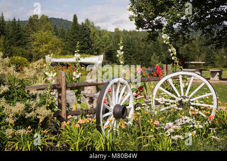 Wagon wheels and flowers in a garden border in a landscaped residential backyard garden in summer. Stock Photo