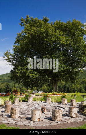 Birch tree stumps in a circle around a firepit in a landscaped residential backyard garden in summer. Stock Photo