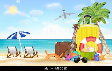 summer vacation with travel bag on sea sand beach Stock Vector
