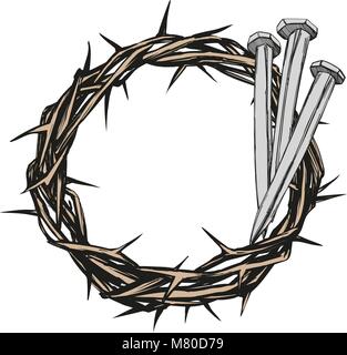 crown of thorns, nails, easter religious symbol of Christianity hand drawn vector illustration sketch Stock Vector