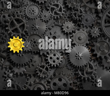 Old gears and cogs with gold one 3d illustration Stock Photo